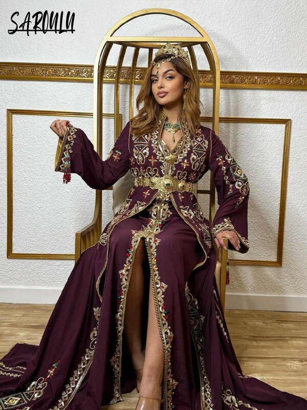 Luxus marok kanis chen Takshita A-Linie Abendkleider V-Ausschnitt Langarm Brautkleid Kaftan glänzende Kristalle Kleid Robe de Mariée