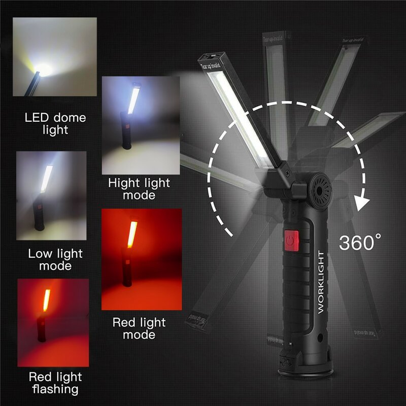 Multifunctional Folding COB Work Light LED Flashlight USB Rechargeable Magnetic Lanterna Hanging Lamp with Built-in Battery