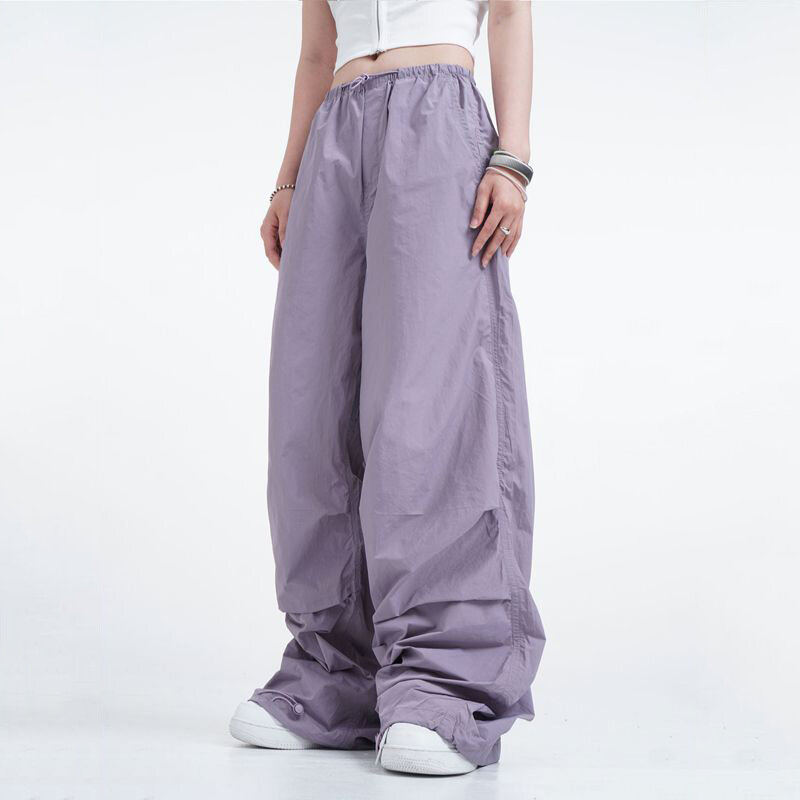 American Vintage Summer Trend Fashion Elastic Waist Quick Drying Workwear Pants Women Pocket High Street Loose Straight Trousers