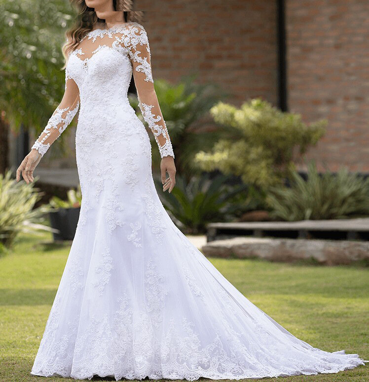 Long Sleeve Wedding Dress 2024 New Bridal Lace Slim round Neck Light Tail See-through Arms Hiding Graceful Mori Women