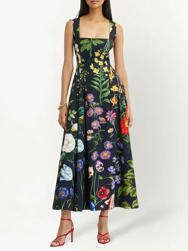 Vintage Print Floral Dress For Women Square Collar Sleeveless High Waist Backless Colorblock Midi Dresses Female Clothes dress