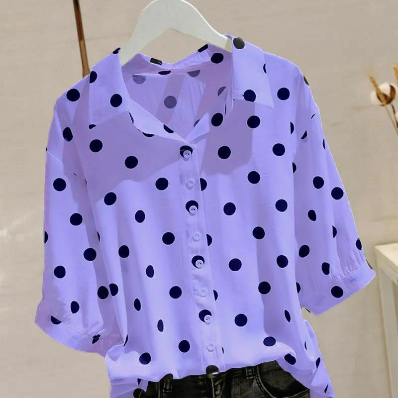 Polka Dot Shirt Tops Women's Short Sleeve Polo Neck Loose Thin All-match Loose Fashion Blouse Summer New Vintage Elegant Clothes