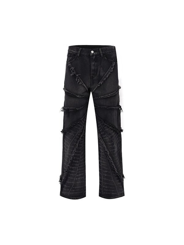 Мужские джинсы с необработанными краями Y2K, американские ретро-джинсы разрушительного паутины с необработанными краями, мужские свободные брюки в стандарте ретро
