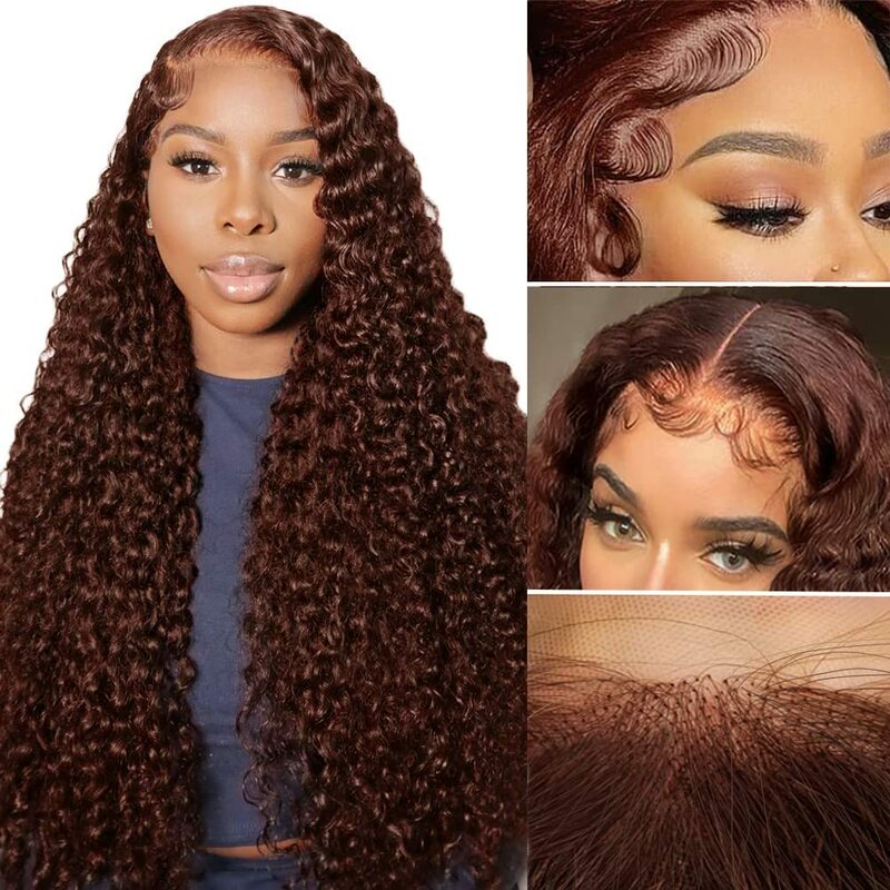 Perruque Lace Front Wig Naturelle Bouclée, Cheveux Humains, Deep Wave, Brun Chocolat, 13x6 HD, Transparente Colorée, pour Femme