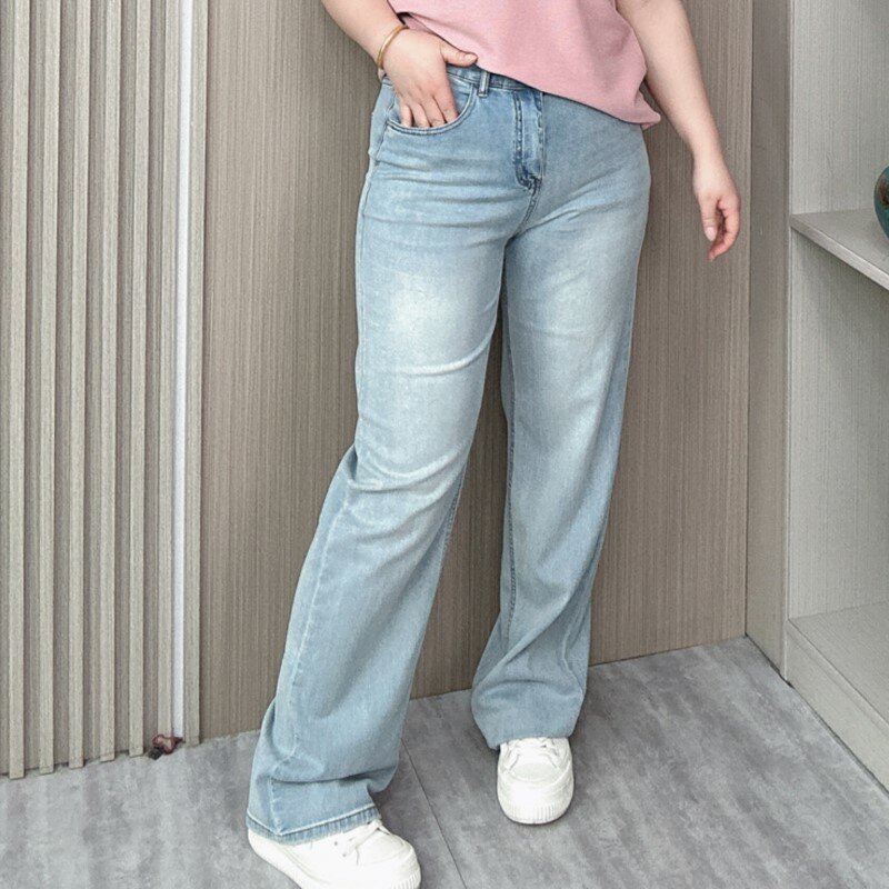 2024 Spring Summer New Straight Jeans Women Plus Size Basics Thin Elastic Leisure Loose Full Length Wide Leg Pants