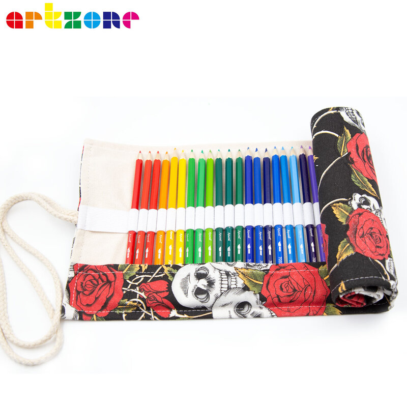 Portátil Kawaii Canvas Lápis Case, Roll Up Pen Holder, Bolsa de armazenamento, Material Escolar Estudante, 48 Buracos