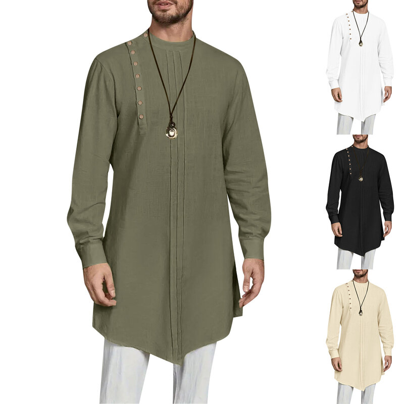Herren muslimische bestickte einfarbige Roben Mode Langarm Männer Gebets kleidung mit Tasche islamische Dubai Arabien Hemd Robe