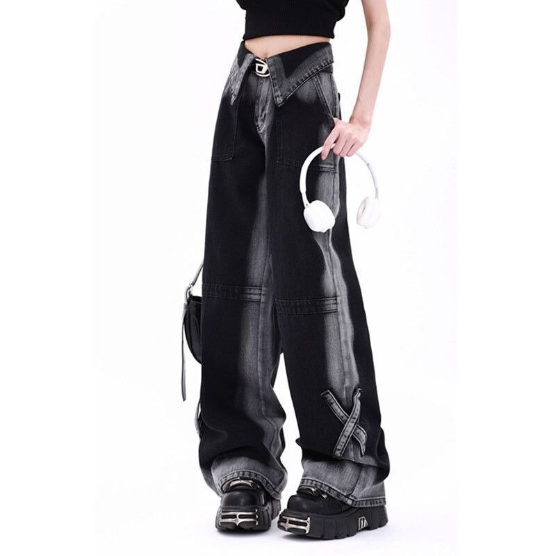 Deeptown-pantalones vaqueros holgados de pierna ancha para mujer, Jeans negros Vintage, pantalones de mezclilla de gran tamaño, pantalones Harajuku de cintura alta, ropa de calle gótica de los años 2000