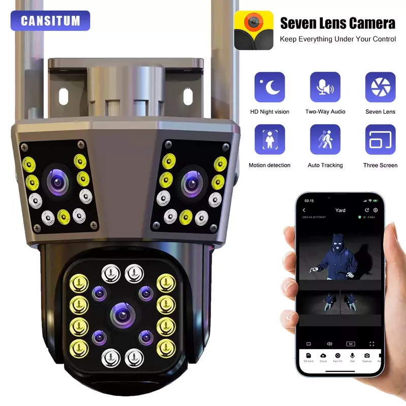 CANSITUM-Câmera IP externa com rastreamento de movimento, câmera de vídeo PTZ, sistema de segurança impermeável, 3 lentes, 3 telas, 4K, 12MP, 6K