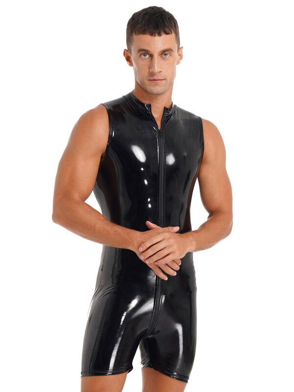 Herren Dessous Ärmellose Patent Leder Body Overalls Wet Look Zipper Body Pole Dance Leistung Rave-Party Clubwear