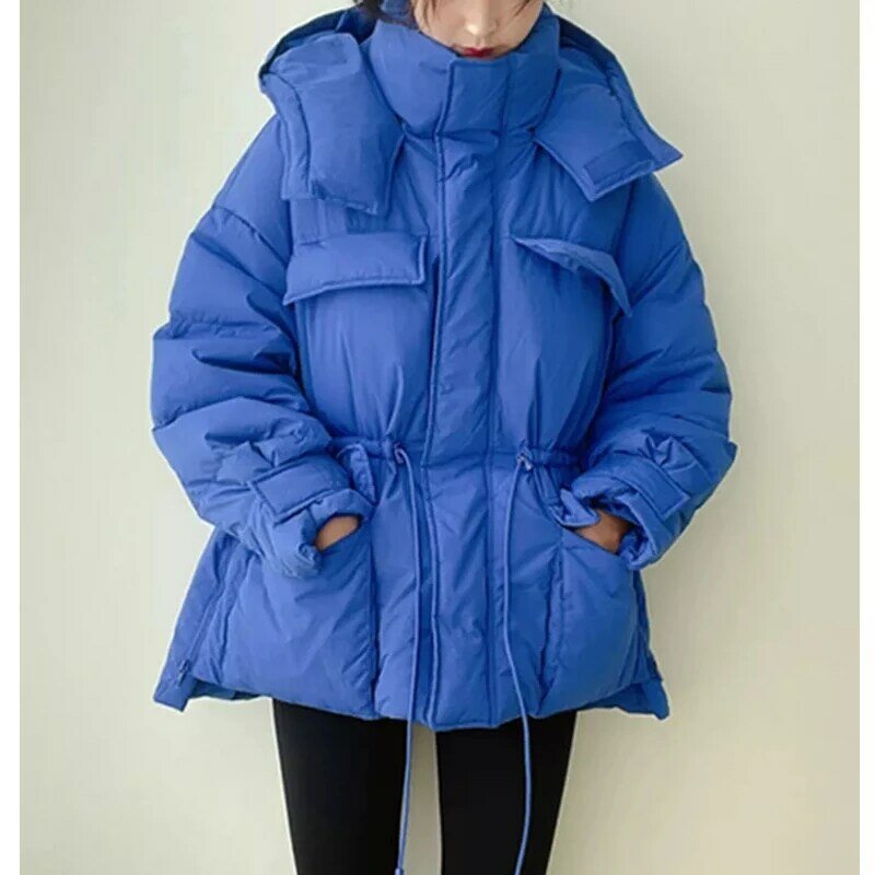 Winter Mit Kapuze Parkas Warme Jacke Frauen Unten Baumwolle Mantel Unregelmäßigen Flauschigen Blase Kordelzug Taille Outwear