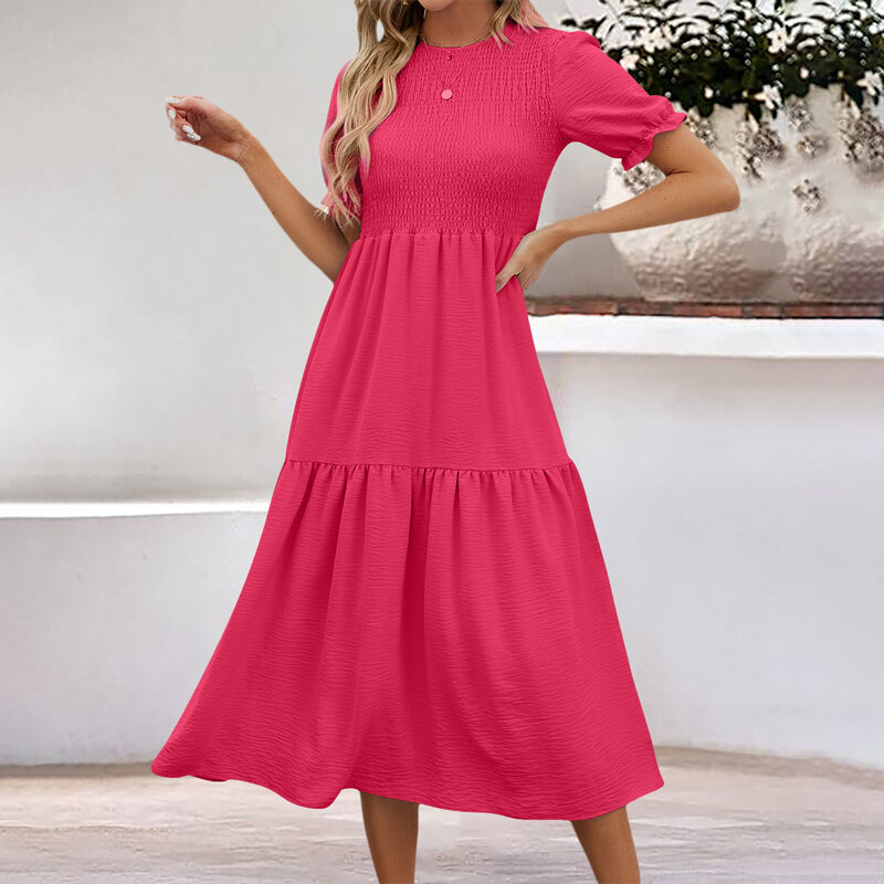 Solid Swing Midi Dress donna estate manica corta elastico Fit e Flare Party Plain abito lungo eleganti abiti da donna da ufficio