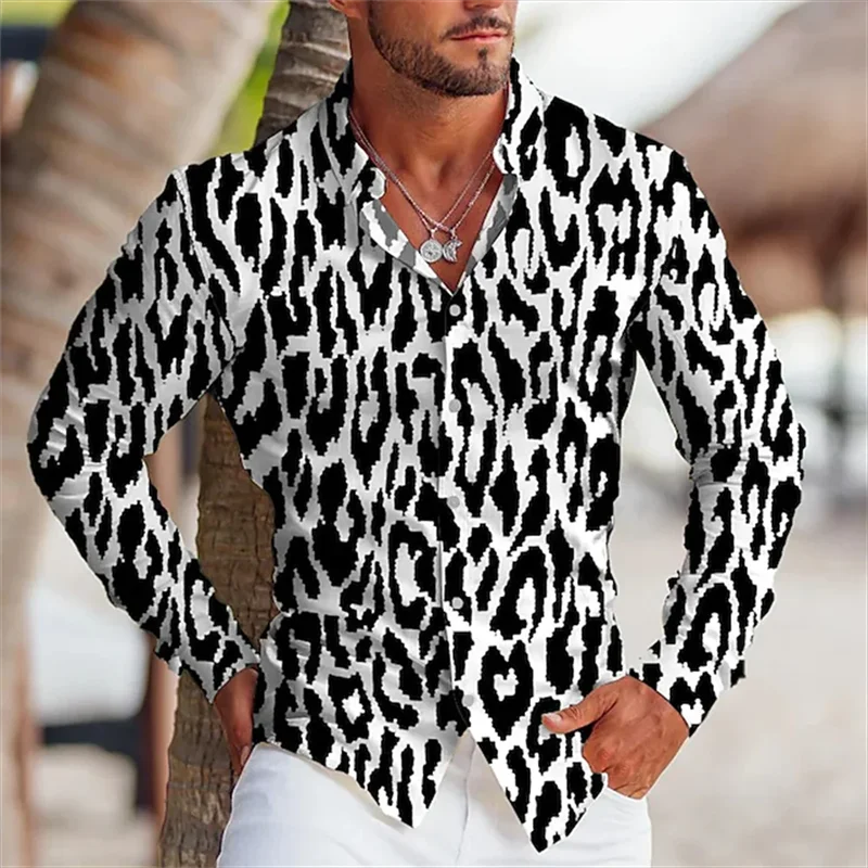 เสื้อคอปกมีกระดุมพิมพ์ลายเสือดาว3D เสือสัตว์เสื้อเชิ้ตผู้ชาย2024แนวสตรีทแฟชั่นแขนยาวผ้านิ่มสำหรับลำลองนักออกแบบ