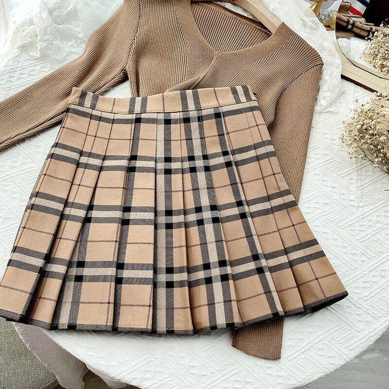 Женская юбка в полоску, плиссированная Осенняя мини-юбка в Корейском стиле с высокой талией, милая клетчатая юбка трапециевидной формы в студенческом стиле