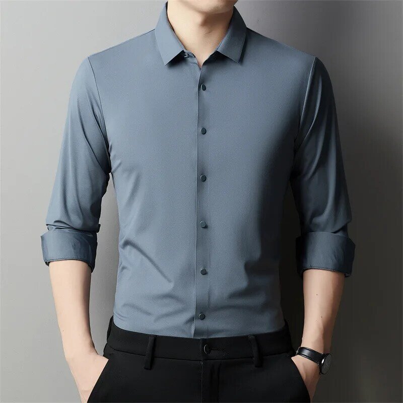 LH040 camisa de manga larga con botones ocultos para hombre, camisa informal de negocios profesional de lujo, ligera, de alta gama, sin hierro