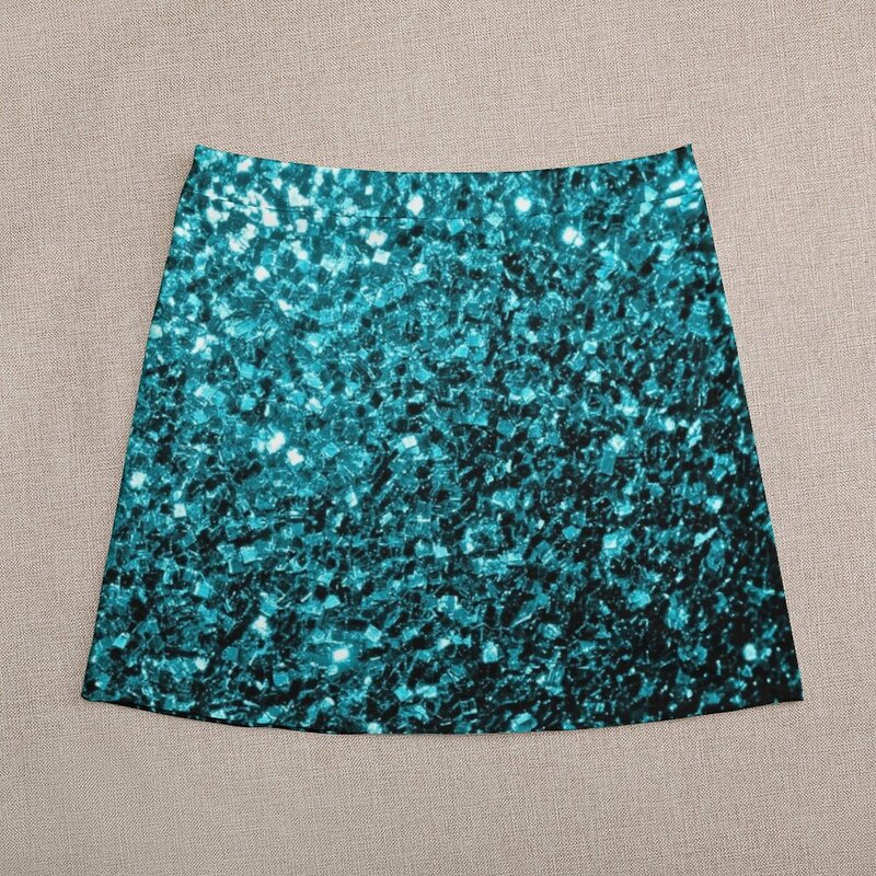 Mini-saia brilhante do brilho sintético feminina, saias elegantes para o baile, azul Aqua