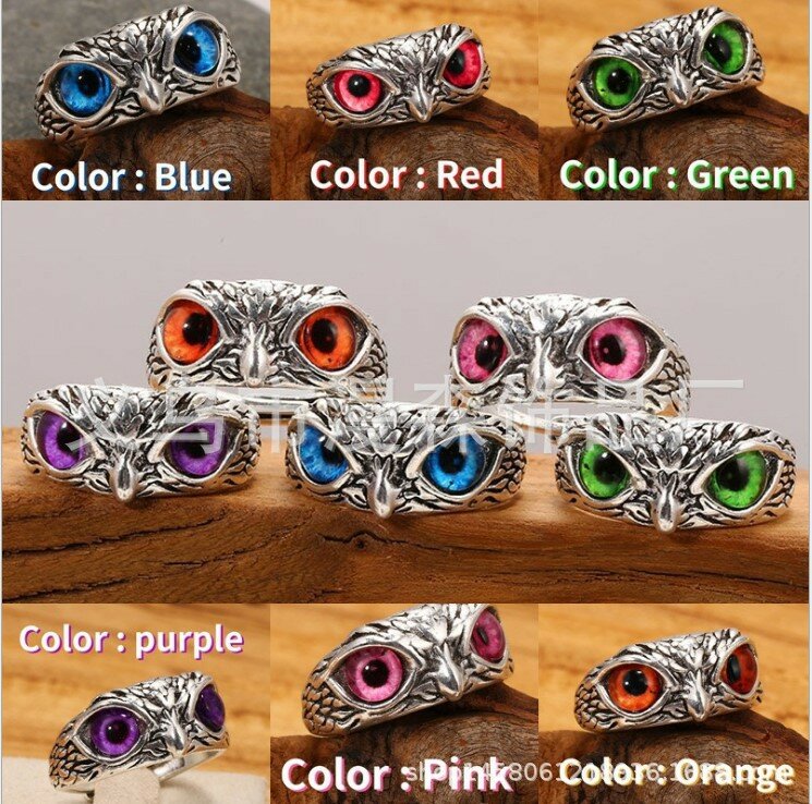Charming Fashion Design Owl Rings Multicolor Eyes Silvery for Men Women Punk Gothic Open Adjustable Rings Jewelry Gift Resizable
