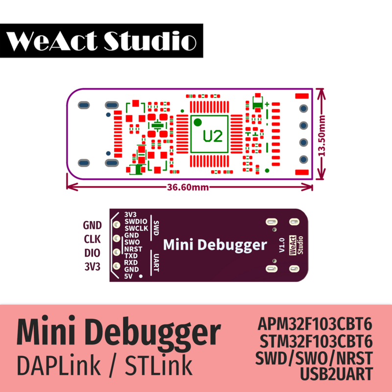 WeAct Mini Debugger DAPLink STLink V2.1 SWD SWO USB To Uart โมดูล