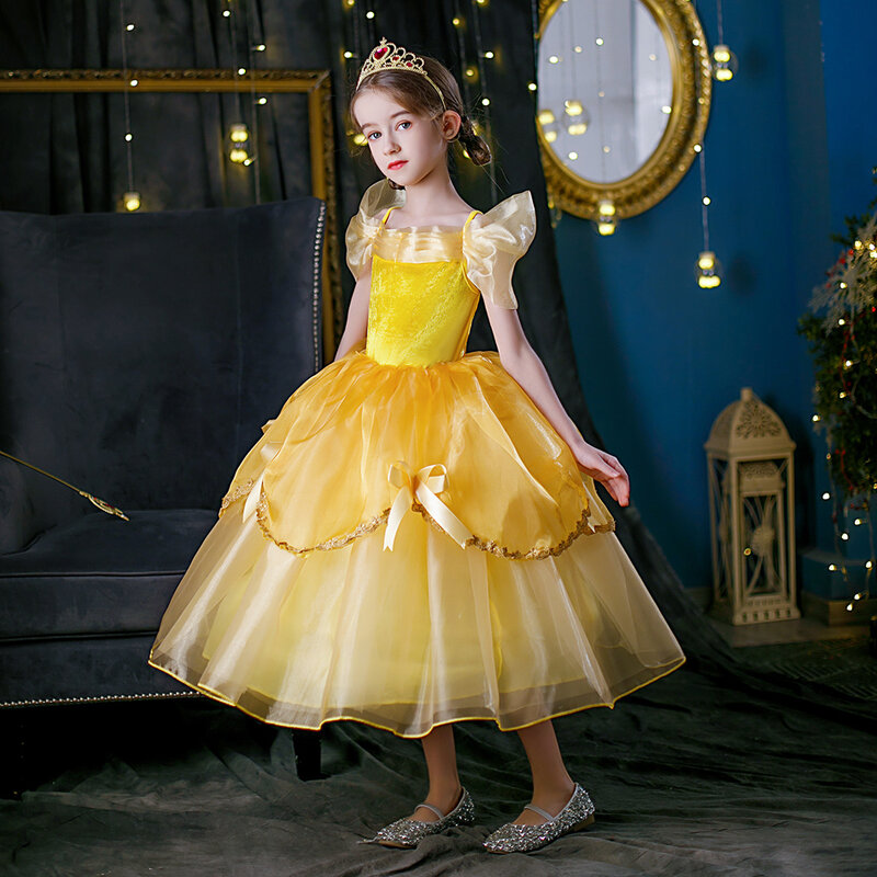 Платье принцессы для косплея Белль, костюм для девочек, для красавицы и чудовища, детская одежда, волшебная палочка, корона, детский день рождения