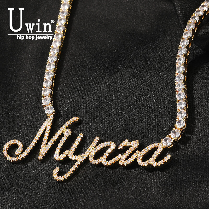 Uwin Custom Name Necklace Cursive Letter Welding Tennis Chain Cubic Zirconia Gold Silver Color Necklace Fashion Hiphop Jewelry