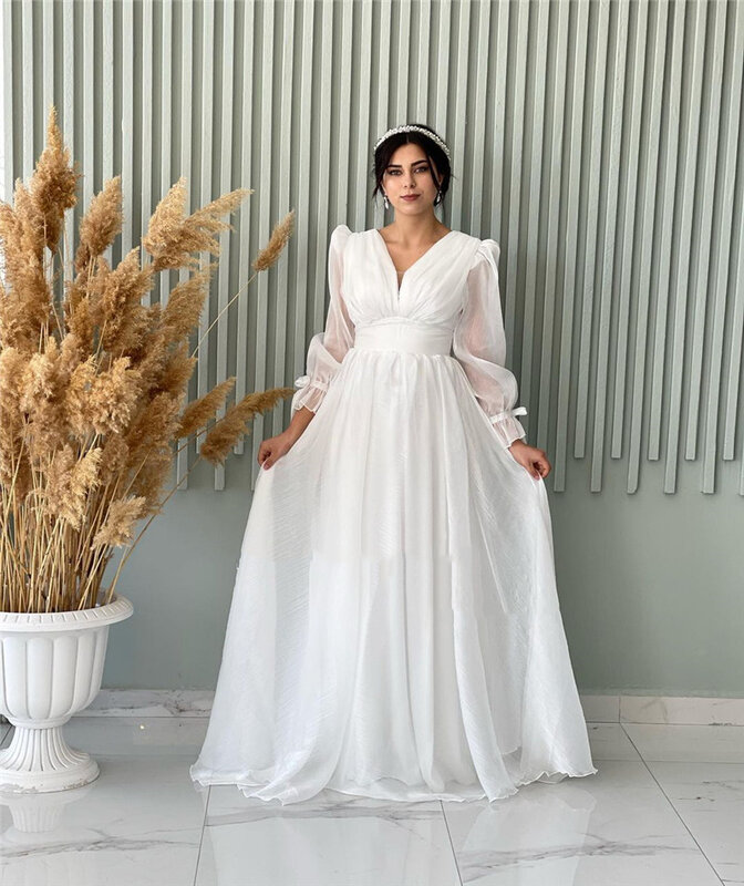Индивидуальные простые платья на заказ с длинным рукавом для выпускного вечера, Скромные Вечерние платья из органзы с V-образным вырезом, женское свадебное платье в арабском стиле