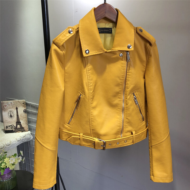 Женская кожаная куртка из овчины Корейская версия тонкая куртка с отворотами модная короткая куртка из искусственной кожи