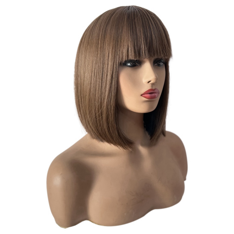 Wig sintetis elegan jaring Wig rambut pendek warna biru cokelat penutup kepala