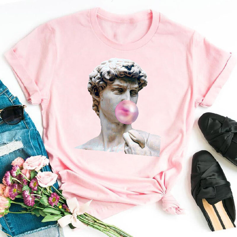 T-shirt imprimé rose MichelangmirHands pour femme, T-shirt noir, T-shirt femme, Mode esthétique des années 90, Économie à col rond Harajuku pour femme