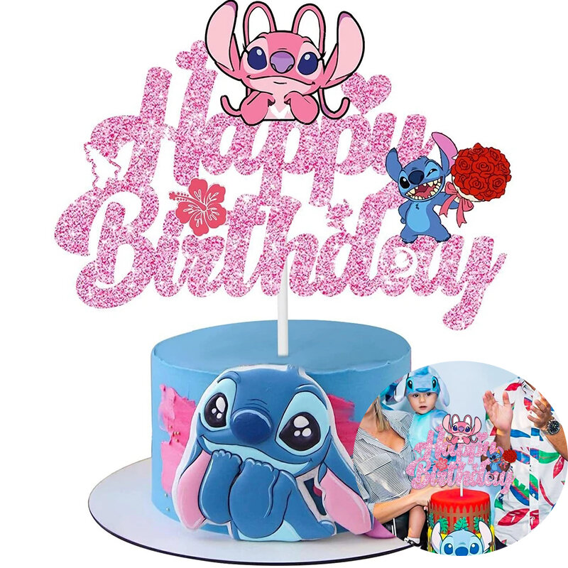 Pink Lilo & Stitch Cake Topper Girls Cartoon Happy Birthday Cake Decor forniture per feste per bambini compleanno Baby Shower decorazione
