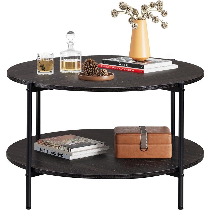 Круглый журнальный столик, журнальный столик с 2-ярусной полкой, современный деревянный журнальный столик 32 дюйма с металлической рамкой и деревянным столом