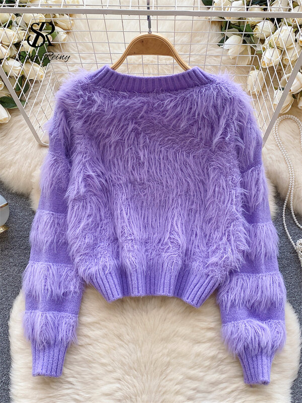 Babyoung-女性の厚手のストライプのニットプルオーバー、暖かいセーター、ぬいぐるみトップ、韓国のストリートウェア、単色、冬のファッション、2023