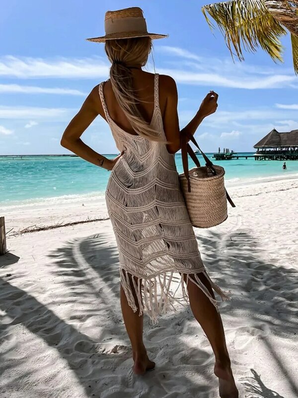 2023 White Crochet Tunic Bikini Cover-ups Sexy Hollow Out Dress Women Summer Clothes See Through Beach Wear Tassel Cover Up