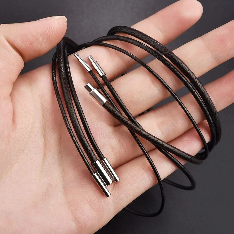 45/50/60cm Black/Brown Leather Chain Necklace  For Women Men Handmade Waxed Braid Rope Stainless Steel Clasp Neck Pendant Chain