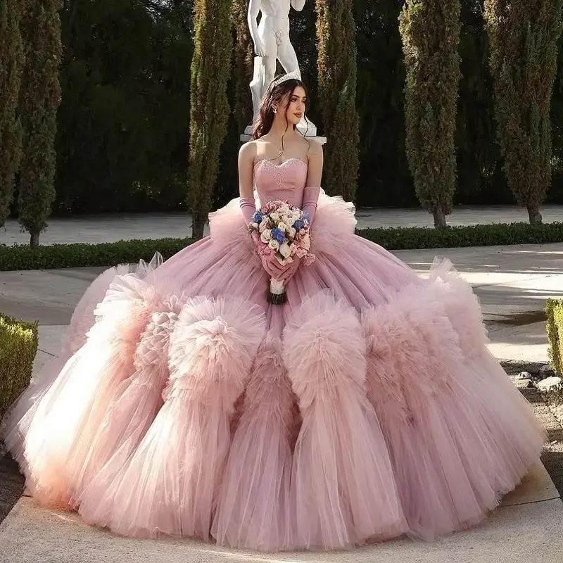 Gaun merah muda Charro Quinceanera gaun bola gaun Tulle ruffle Puffy Meksiko manis 16 Gaun 15 Anos