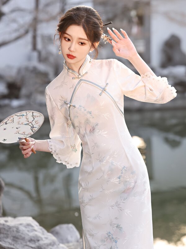 Cheongsam invertido longo de malha, manga grande, estilo jovem República da China, chinês wearable diário, novo para primavera e verão