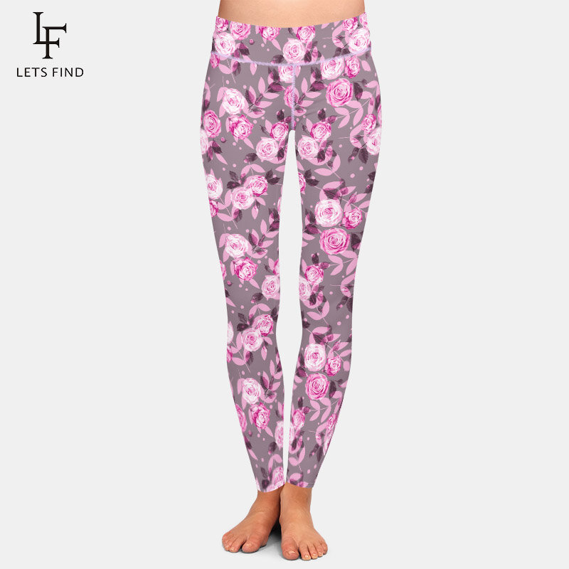 LETSFIND moda piękna róża druk cyfrowy legginsy treningowe wysokiej talii kobiety miękkie elastyczne legginsy