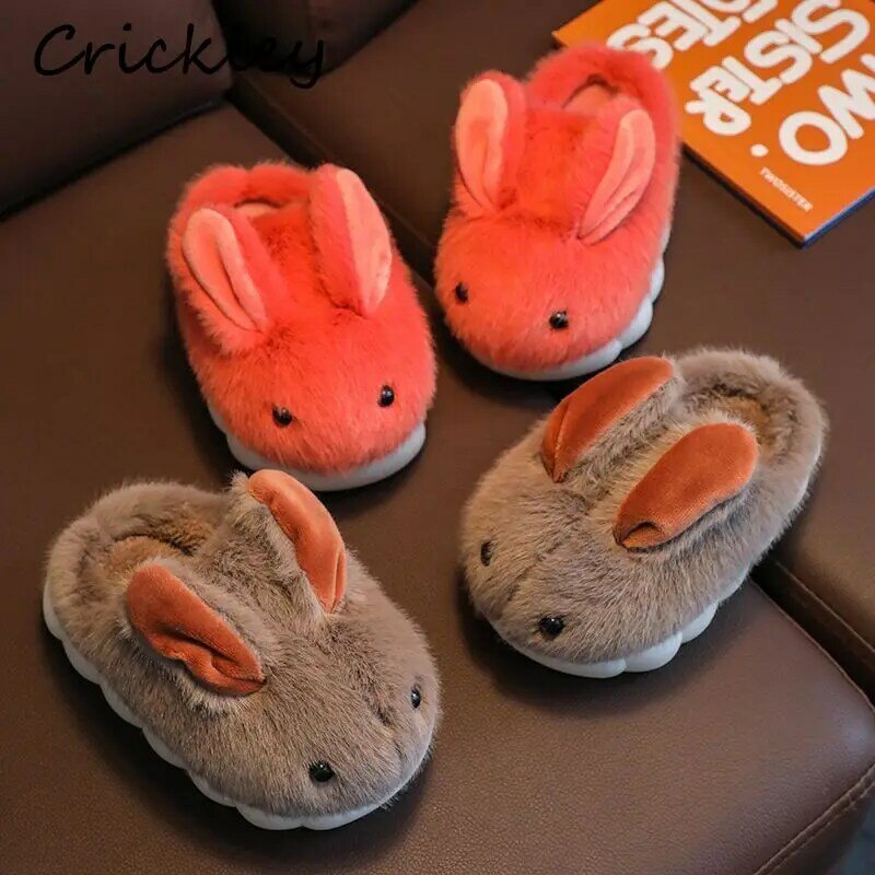 Cartoon Rabbit Children's Slippers Winter Solid Furry Floor Slippers For Kids Soft Bottom Warm Plush Boys Girls House Shoes