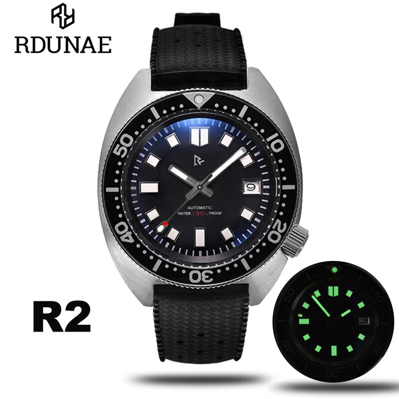Rdunae/retangula นาฬิกาสแตนเลสสำหรับผู้ชาย, นาฬิกาเต่า R2นาฬิกากลไกแซฟไฟร์กระจกสแตนเลสกันน้ำสำหรับกีฬา