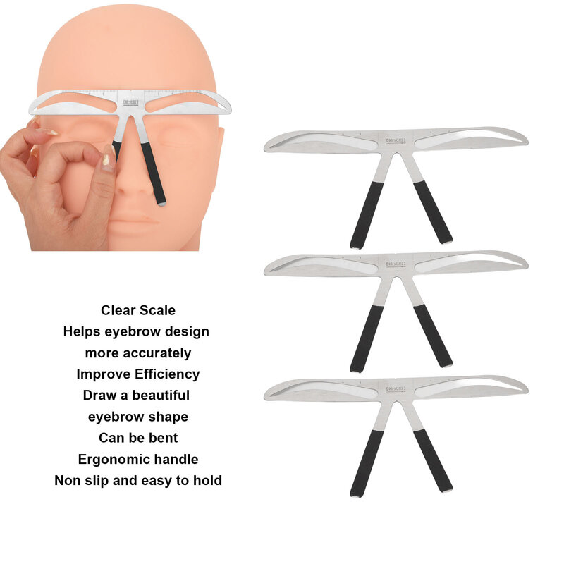 Règle ergonomique professionnelle pour les sourcils, en acier inoxydable, modèle de sourcils arqués, 3 pièces