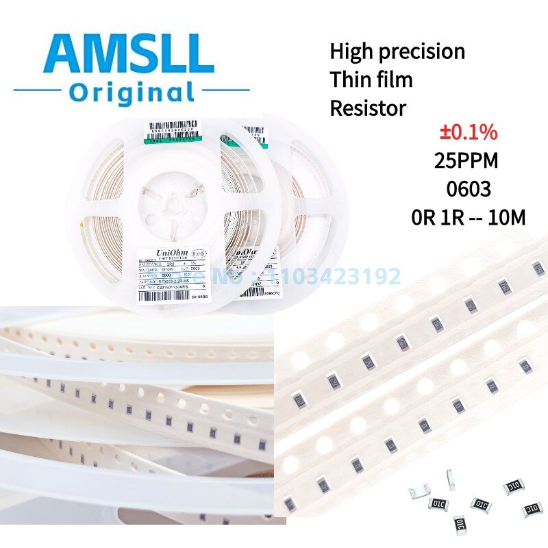 Resistor de filme fino de alta precisão, 0603, 1608, 1,6x0,8mm, 2.7R, 3R, 3.3R, 3.6R, 3.9R, 4.3R, 4.7R, 4.75R, 4.87R, 4.99R, 5.1R, Ω, 0,1%, 100 PCes