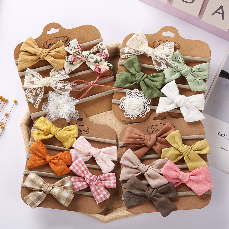 5Pcs/Set Baby Bow Headband Lace Flower Print Nylon Cotton Hair Bands for Children Girls Non-Wave Newborn Toddler Accessories