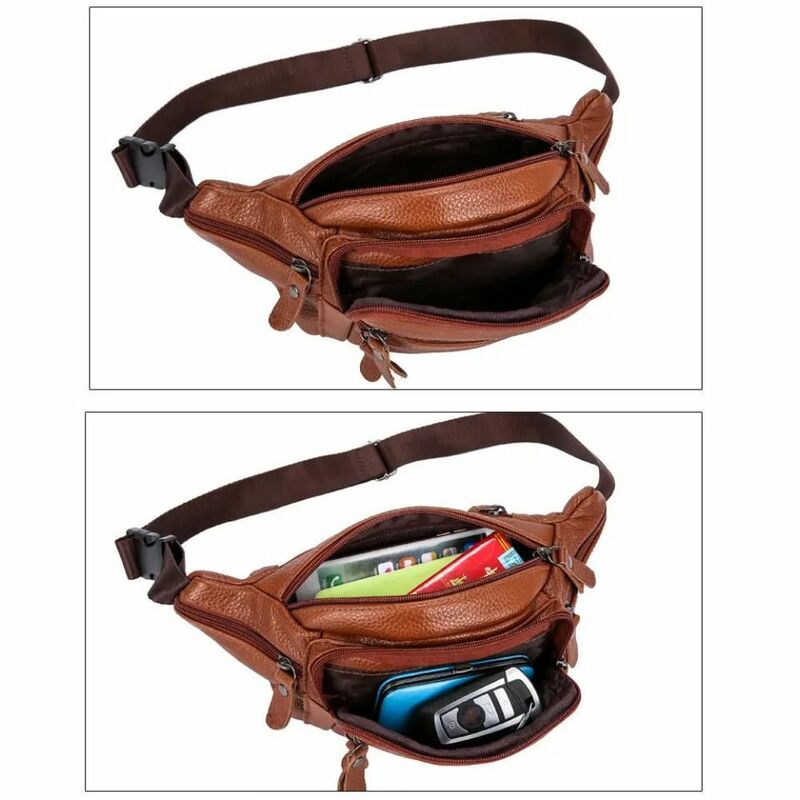 PU Leather Men's Waist Bag Fashion Waterproof Multi-layered Travel Phone Bag Zipper Large Capacity Waist Purse Pack