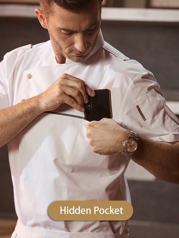 Uniforme da cuoco maschile di alta qualità ristorante manica corta abbigliamento da lavoro giacca da cucina per Hotel caffetteria camicia da cuoco Overalles traspiranti