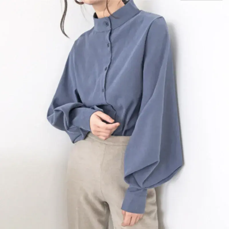 Camisa holgada informal para mujer, Top versátil con mangas abullonadas y una hilera de botones, estilo Retro, 2023