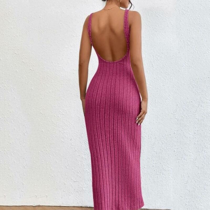 Summer Skinny Dress Elegant Striped Maxi Dress for Women O Neck Sundress with Slim Waist Backless Vacation Dress for Summer