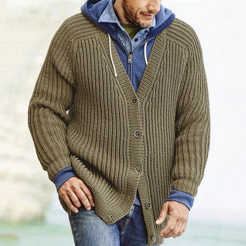 Cardigã de malha manga comprida com decote em v masculino, suéter, jaquetas, quente, grosso, de malha, botão, casual, outono, inverno