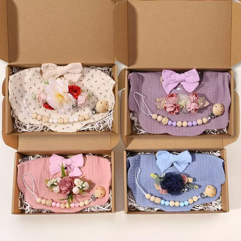 4Pcs/Set Flower Print Baby Bib Pałąk Elastyczna nylonowa opaska do włosów Food Grade Silicone Beads Pacifier Clip Chain Gift Box for Baby