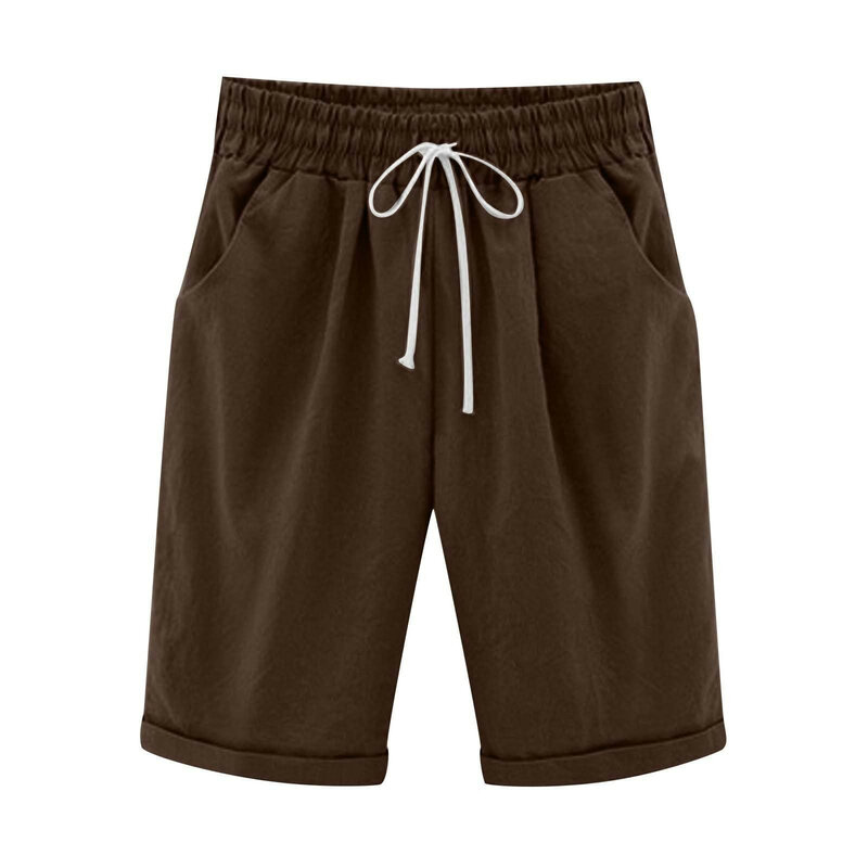 Letnie damskie szorty z wysokim stanem Sportowe sznurowane spodnie plażowe z kieszenią Jednolity kolor Codzienne noszenie Pięciopunktowe spodnie Plus Size