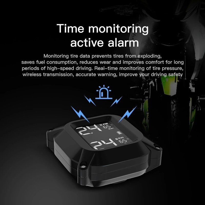 Wireless Motorcycle Tire Pressure Monitoring System External Sensor LCD Time Display Tyre Temperature Monitor Alarm