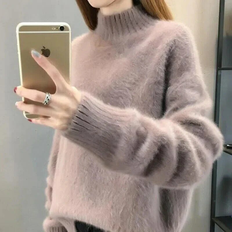 2023 New Knitted Mohair Women's Sweater Half Turtleneck Loose Long Sleeve Casual Pure Color Pullover Winter Warm Sweater